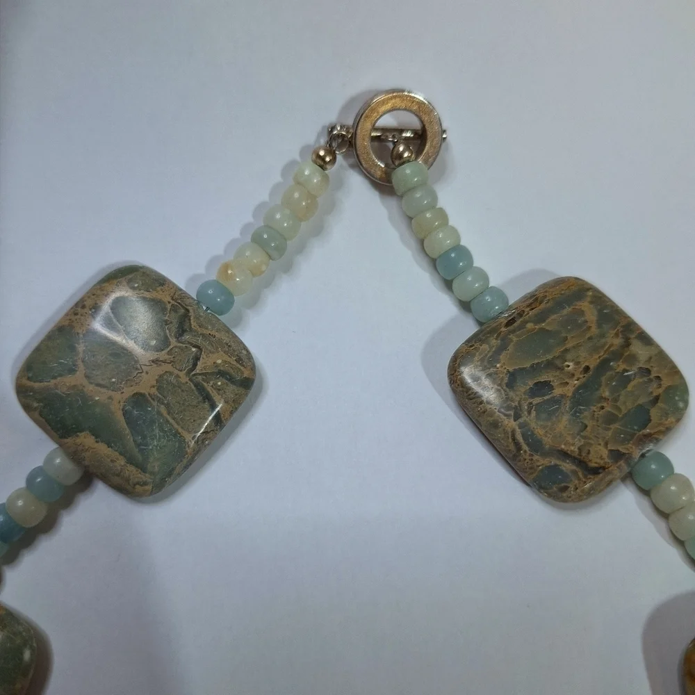 Teal Beaded Square Stone Marble Style Statement Costume Jewelry Necklace - Picture 8 of 11